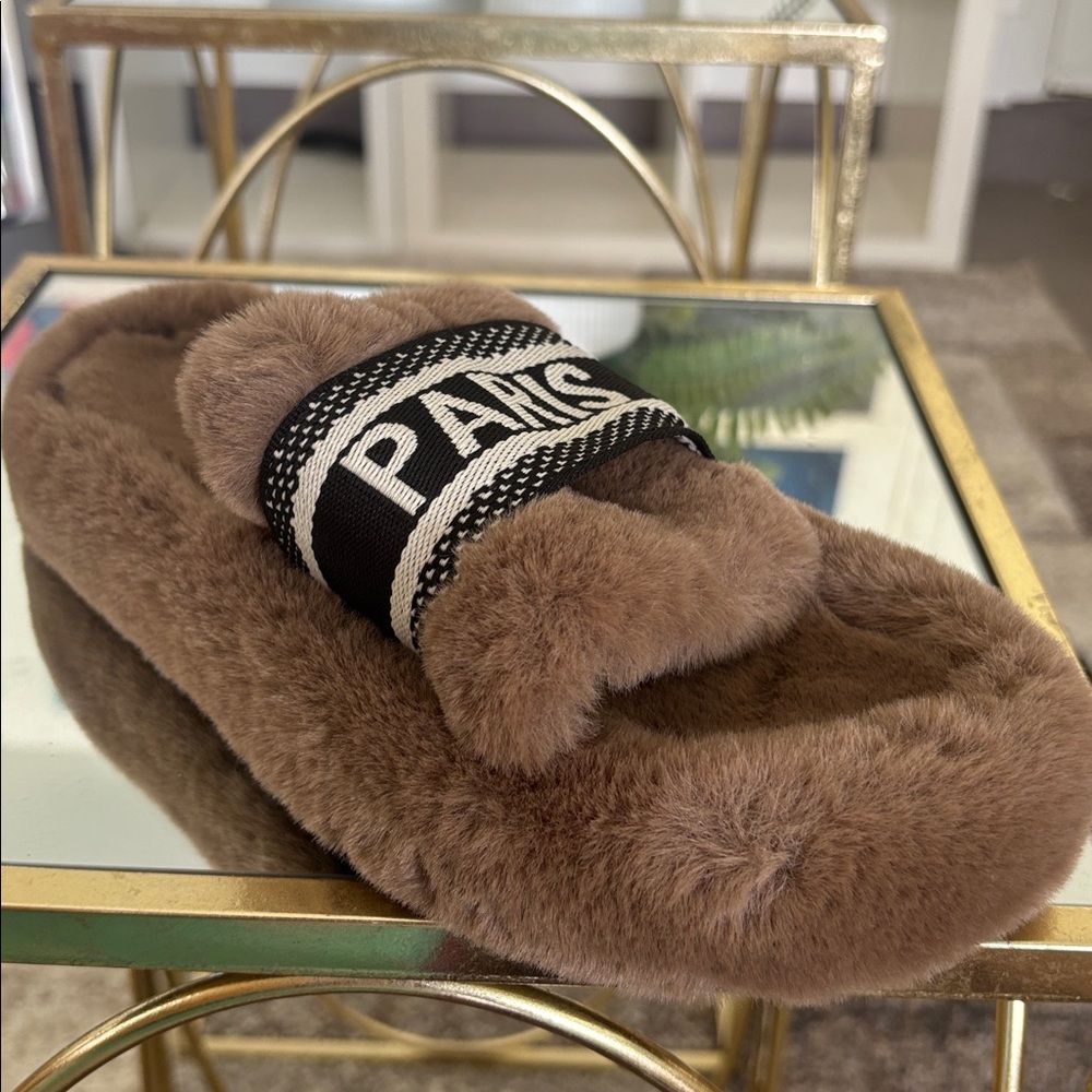 Brown Faux Fur Slippers with Logo Band